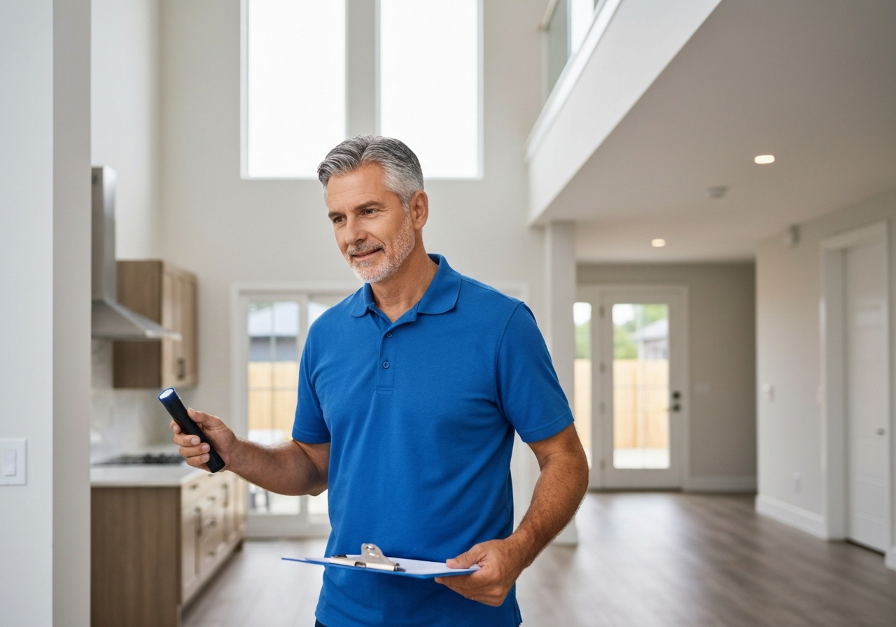 Home inspector in blue shirt holding clipboard and flashlight in modern kitchen, emphasizing pre-listing inspection benefits for new construction buyers.