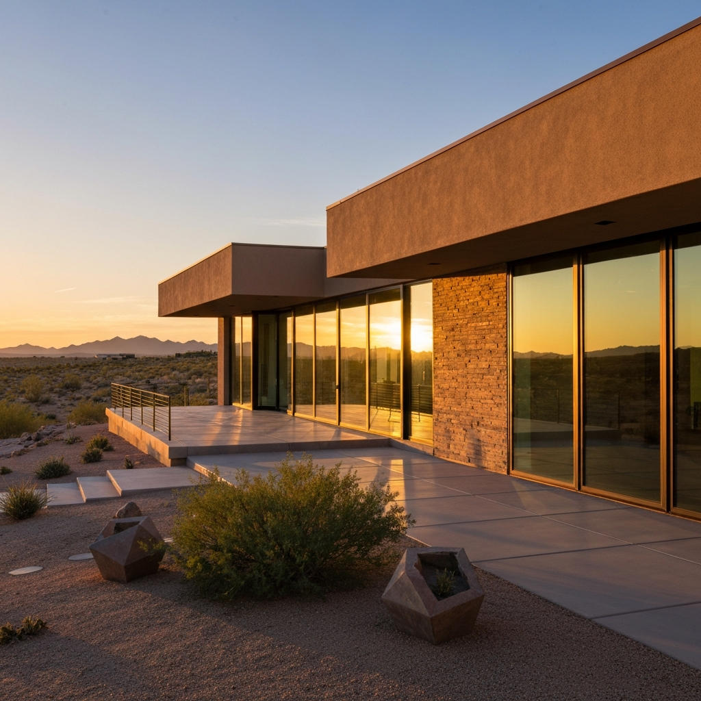 Modern home exterior in Abel Ranch, Arizona, showcasing large glass windows and desert landscaping at sunset.