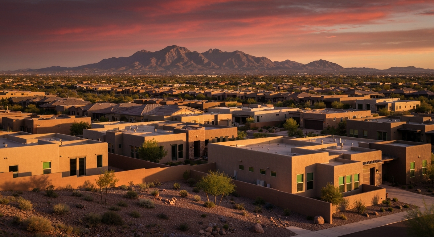 Peoria Arizona homes with stunning views of the White Tank Mountains at sunset, showcasing luxury communities and desert landscape.