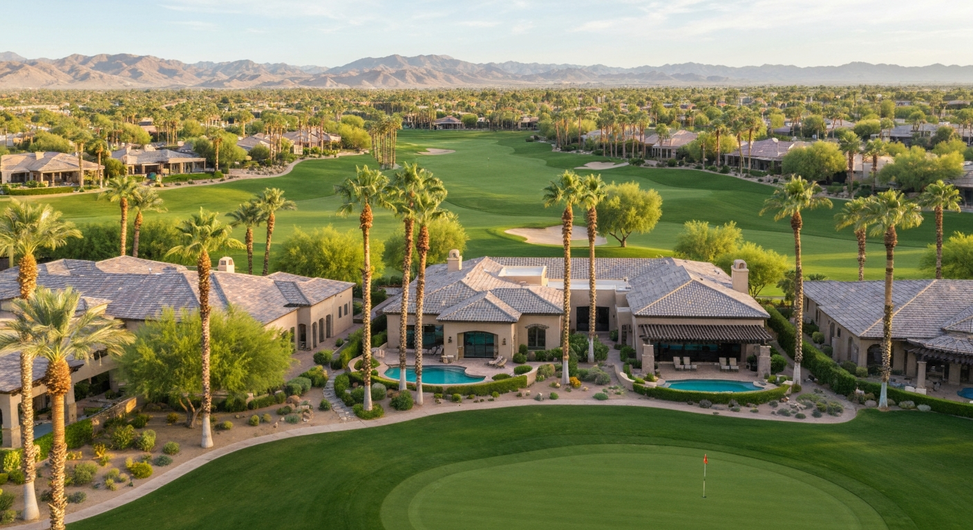 Aerial view of luxury homes in Scottsdale, featuring golf courses, palm trees, and scenic desert mountains.
