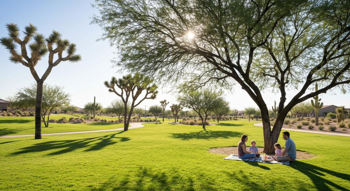Family enjoying a picnic on a grassy area in Asante, Surprise, Arizona, surrounded by desert landscaping and walking paths.