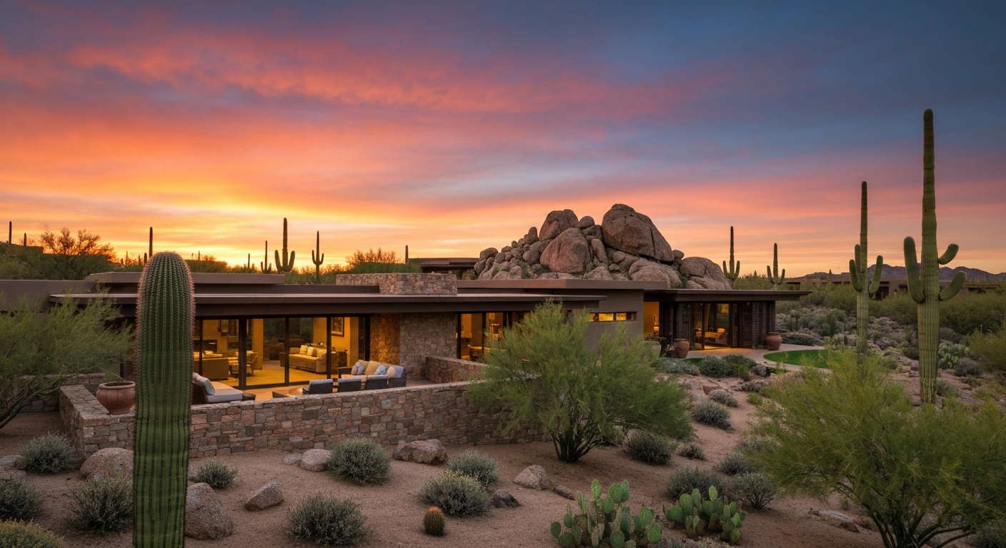 Ultra-luxury home in Silverleaf, Scottsdale, surrounded by desert landscape and stunning sunset views.