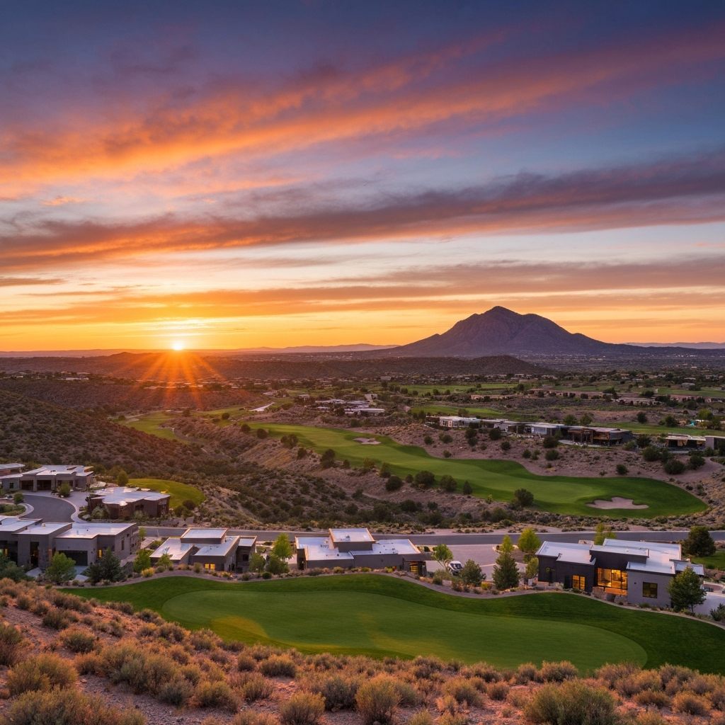Sunset over Prescott Valley showcasing golf course homes and the scenic landscape with the surrounding mountains.
