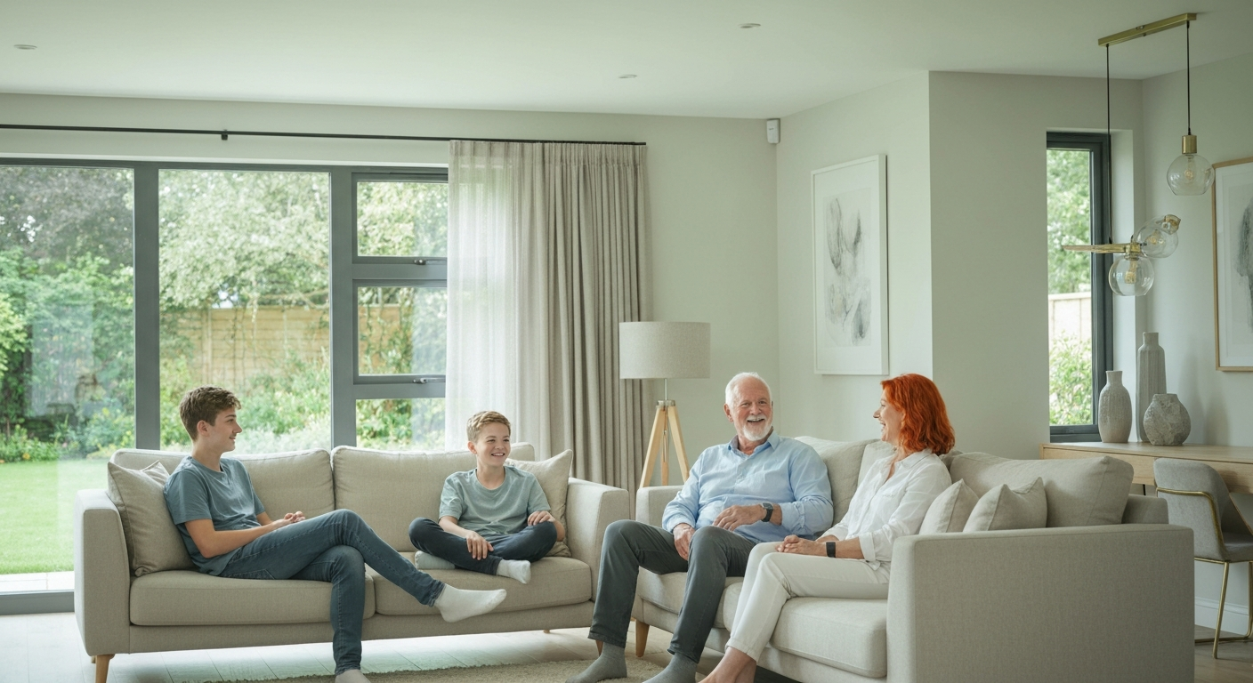 Family enjoying time together in a modern living room, highlighting the importance of home and community in real estate.