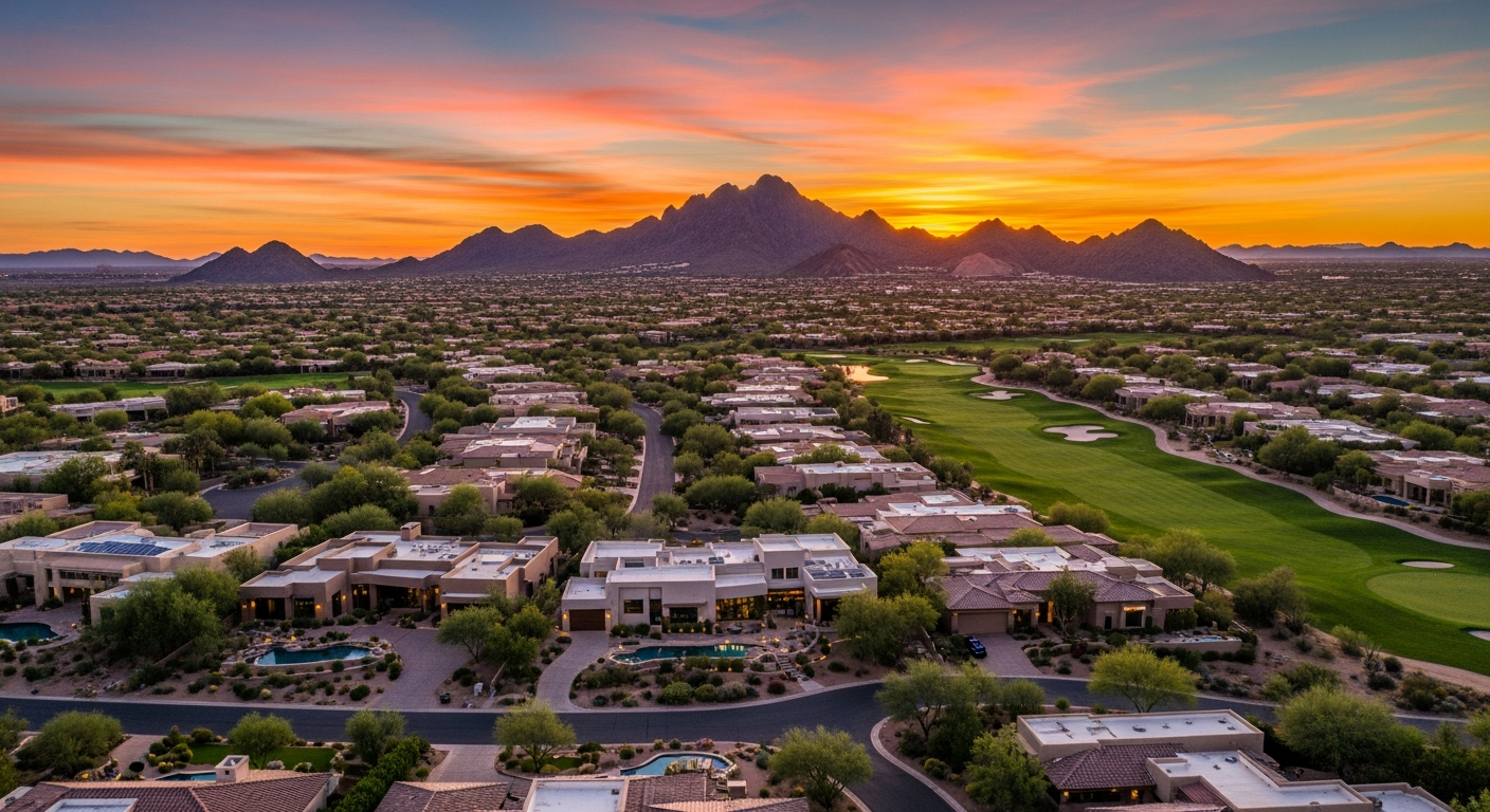 Scottsdale luxury homes with golf course views and the McDowell Mountains at sunset, ideal for upscale living and investment.