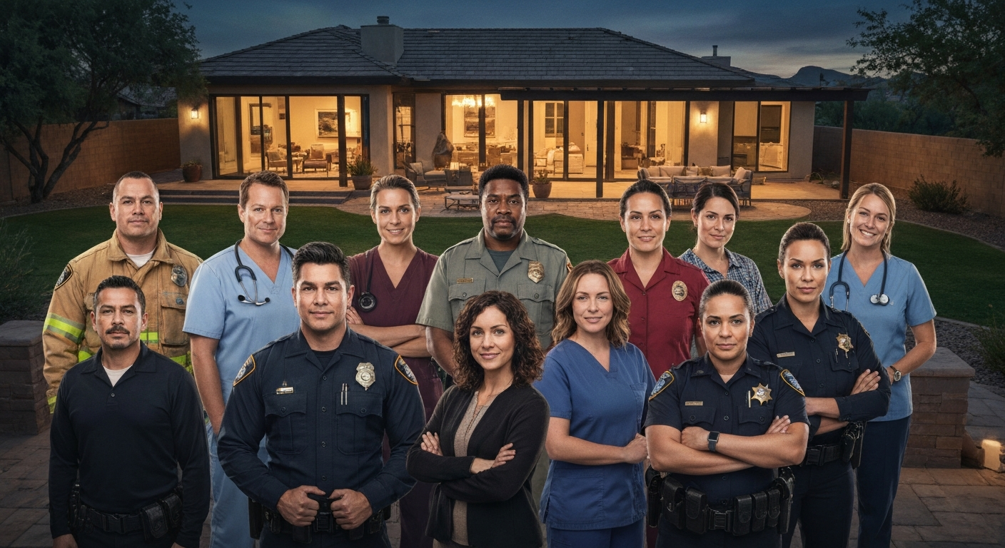 Group of Arizona heroes, including first responders and healthcare professionals, promoting the Rewarding Heroes program.