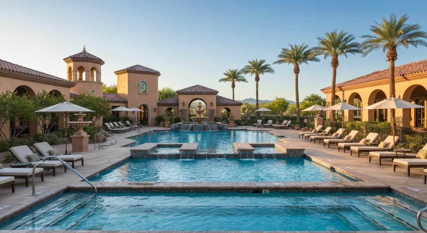 Corte Bella community pool with luxurious lounge chairs, palm trees, and Tuscan-style architecture in Sun City West, Arizona.