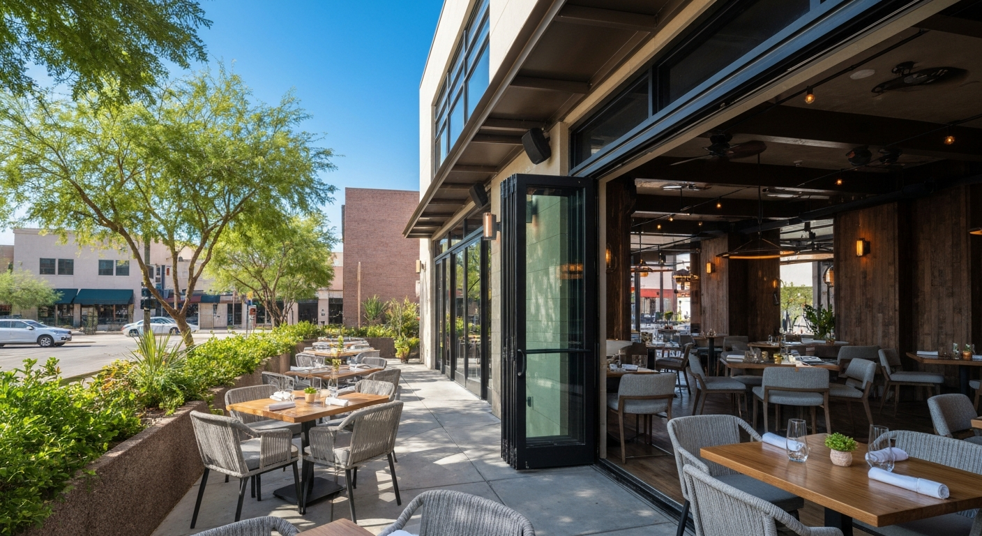 Modern restaurant patio in Buckeye, Arizona, featuring outdoor seating and greenery, highlighting local dining options.