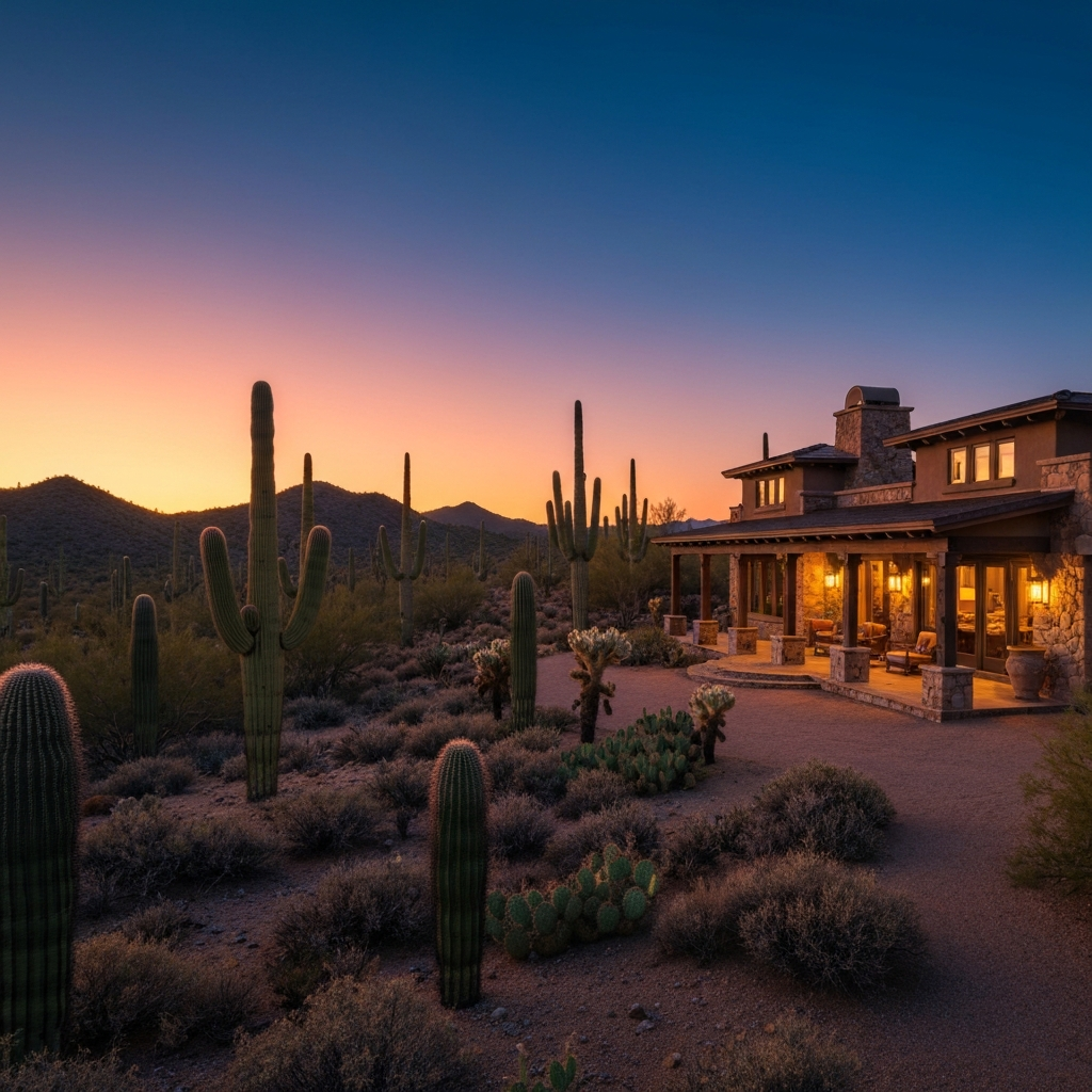 Desert home in Wickenburg, Arizona, surrounded by cacti and mountains at sunset, showcasing luxury ranch living.
