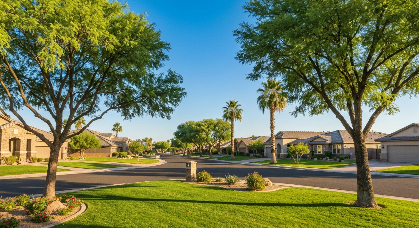 Tree-lined street in Pecan Grove, showcasing spacious homes and lush landscaping typical of Phoenix Metro suburban living.