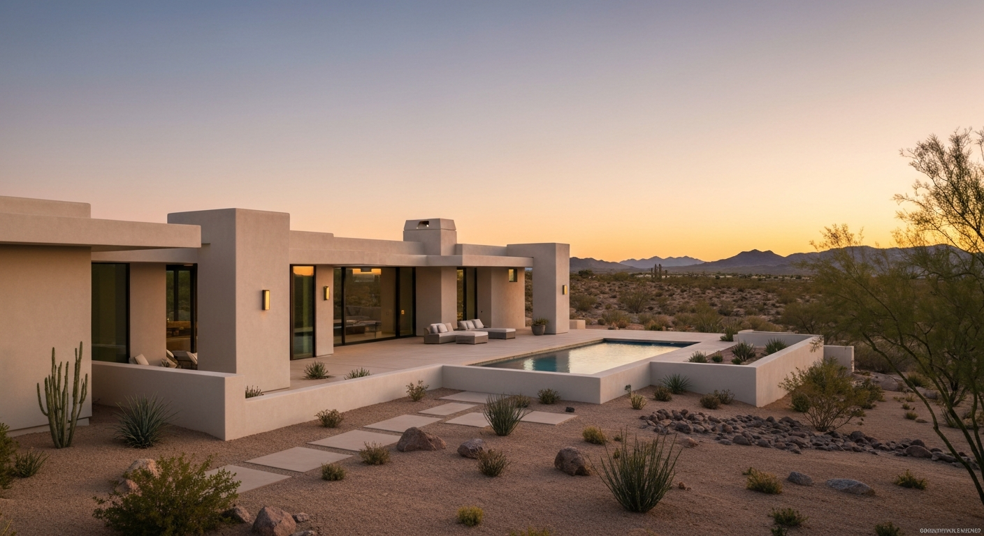 Modern desert home with pool, surrounded by landscaping, near White Tank Mountains, ideal for Phoenix Metro real estate market.