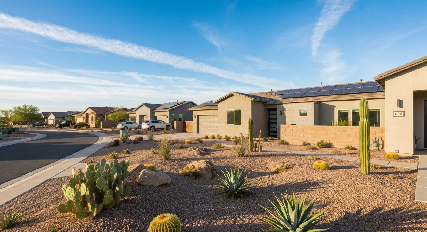 Modern energy-efficient homes in Tolleson, featuring desert landscaping and solar panels, ideal for families and community living.