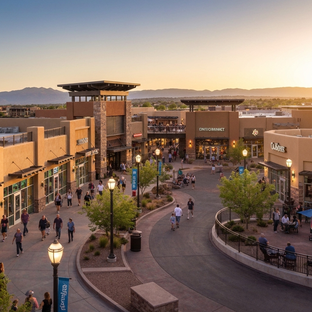 Vibrant shopping area in Prescott Valley with outdoor dining, retail shops, and scenic mountain backdrop at sunset.