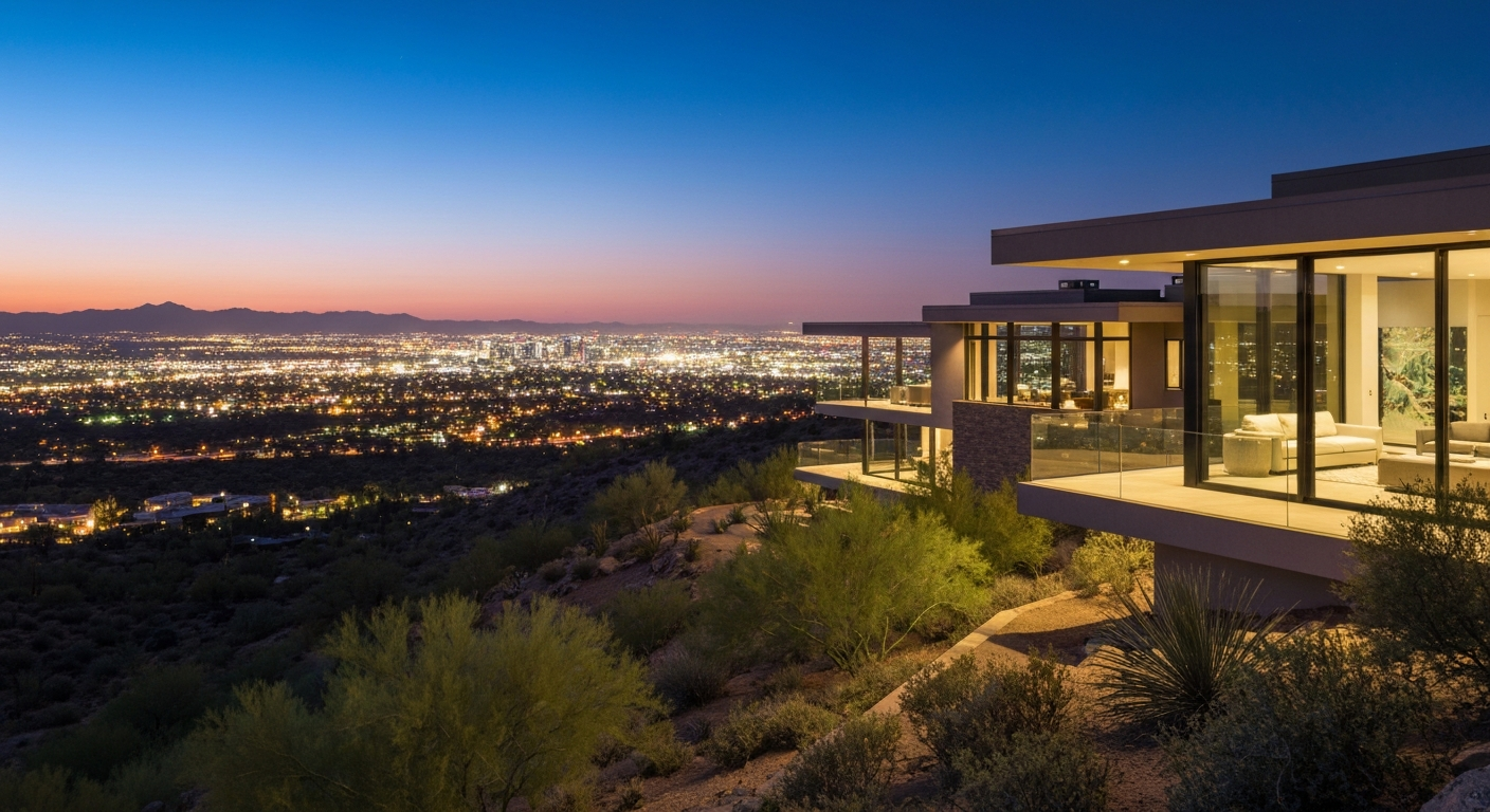 Luxury hillside home in Paradise Valley with panoramic city views at sunset, showcasing upscale desert living.