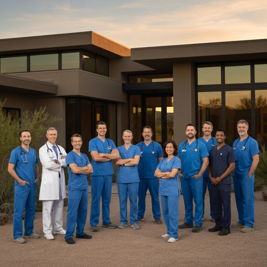 Group of healthcare professionals in scrubs outside a modern home, promoting the Rewarding Heroes program in Arizona real estate.