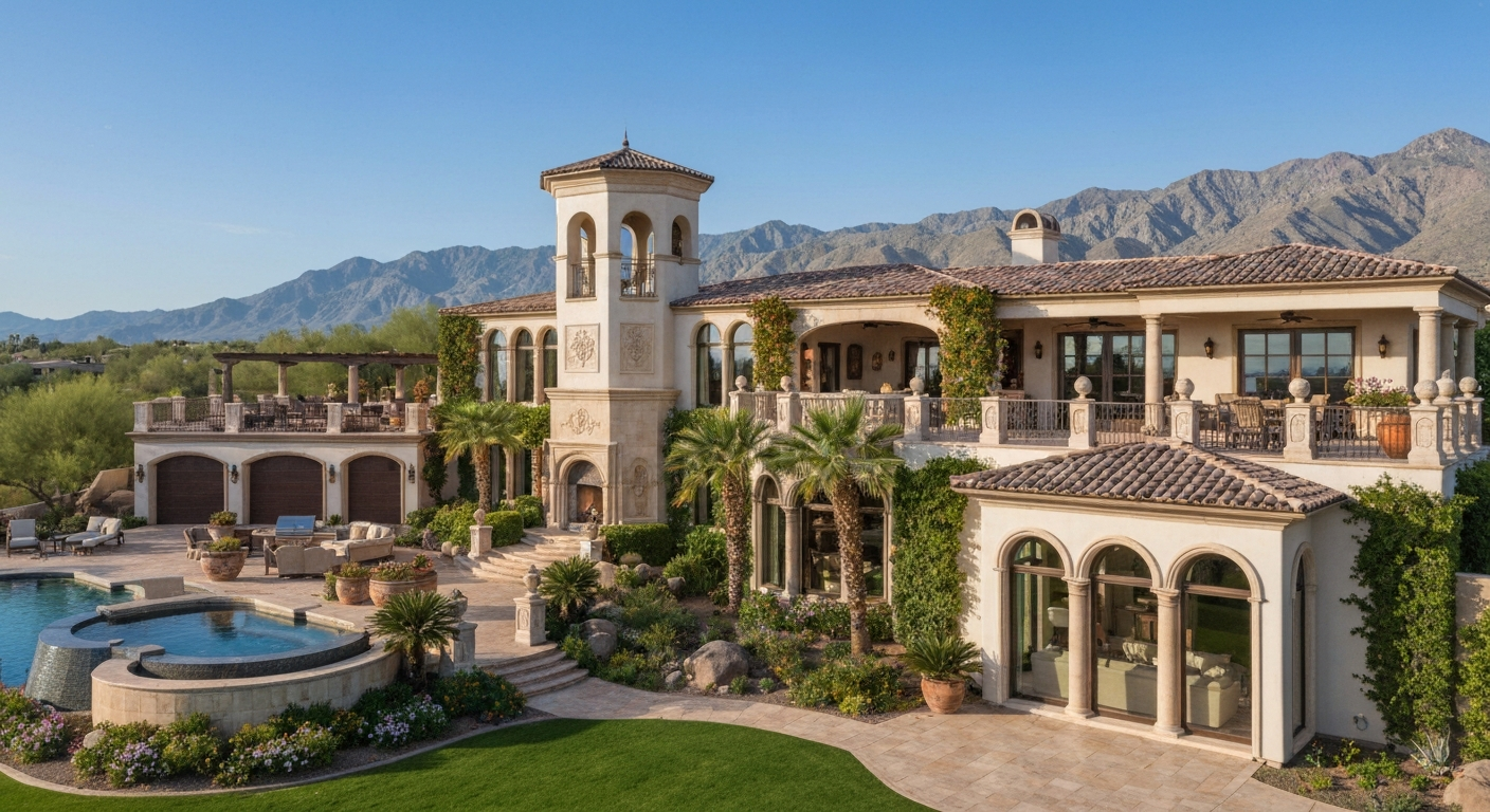 Ultra-luxury Scottsdale estate with pool, mountain views, and lush landscaping, showcasing desert elegance and outdoor living.