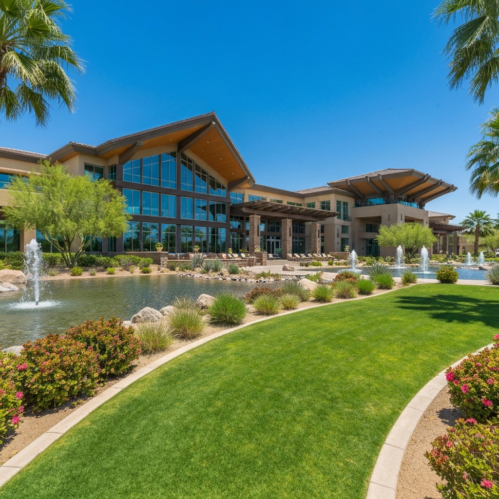 Modern recreation center in Sun City with fountains, lush landscaping, and resort-style amenities for active adults.