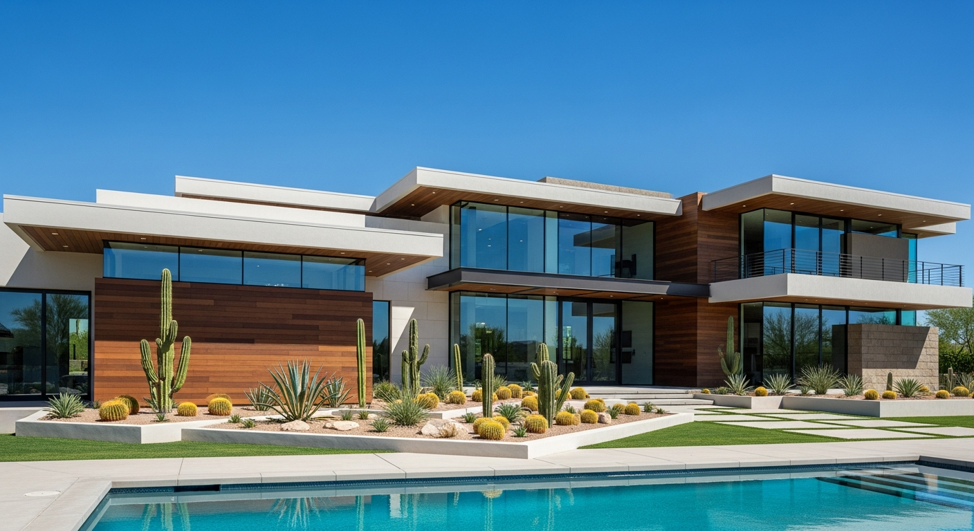 Modern luxury home with desert landscaping and pool in Phoenix Metro area, showcasing unique architectural design and vibrant cacti.