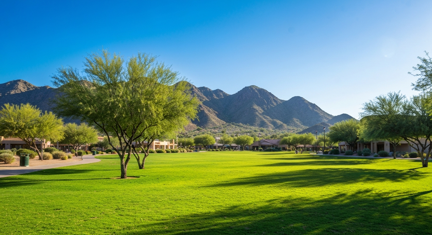 Lush green park with trees and mountains in the background, capturing the scenic beauty of Goodyear, AZ's active adult community.