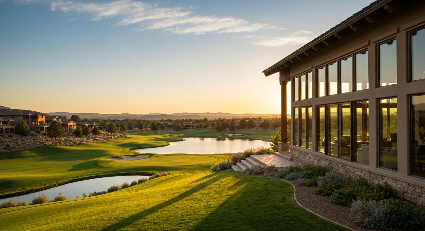 Luxury home with expansive golf course and lake views at sunset in Prescott, Arizona, highlighting upscale community living.
