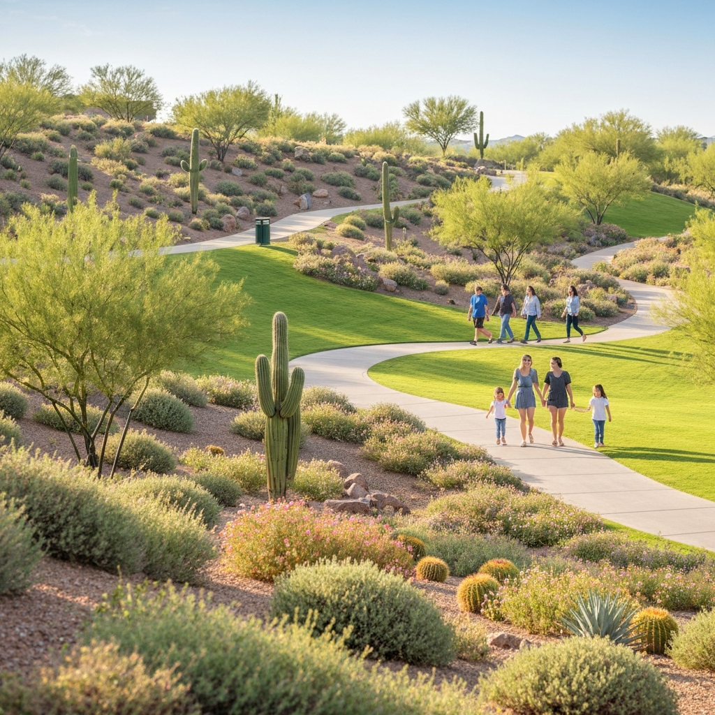 Families walking along a scenic path in Abel Ranch, surrounded by desert landscaping and mountain views in Arizona.