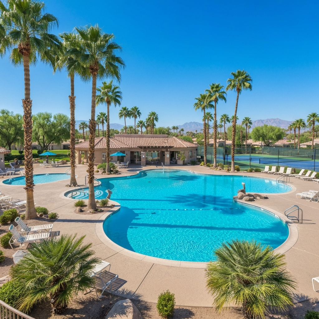Sun City community pool surrounded by palm trees, featuring a clubhouse and tennis courts in a resort-style setting.