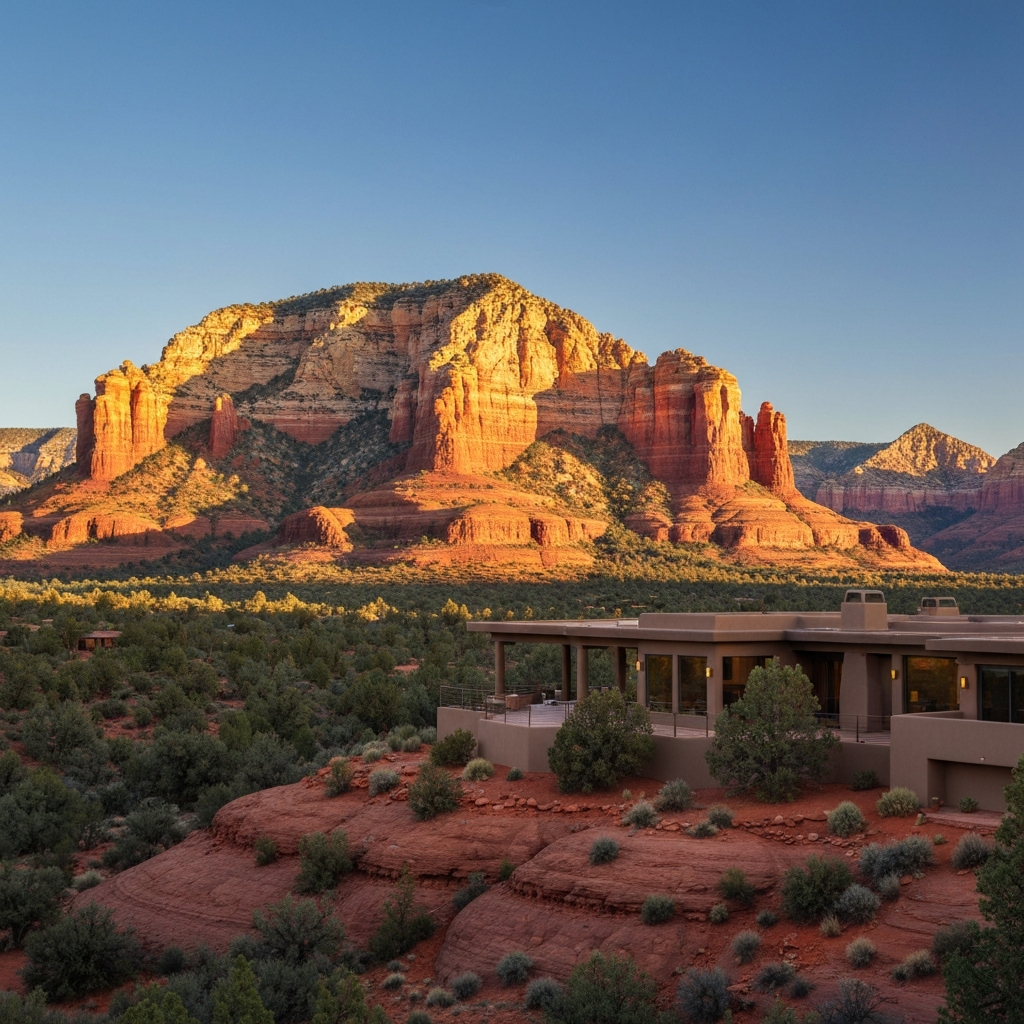 Luxury home with panoramic views of Sedona's red rock formations and Cathedral Rock at sunset, highlighting elevated living.