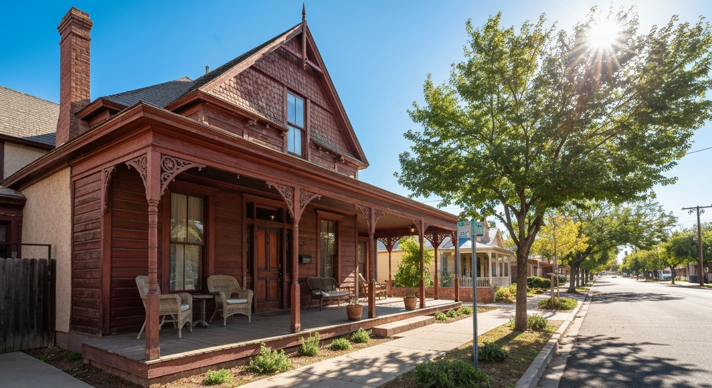Charming heritage-style home with front porch in Surprise, Arizona, showcasing tree-lined streets and local community ambiance.