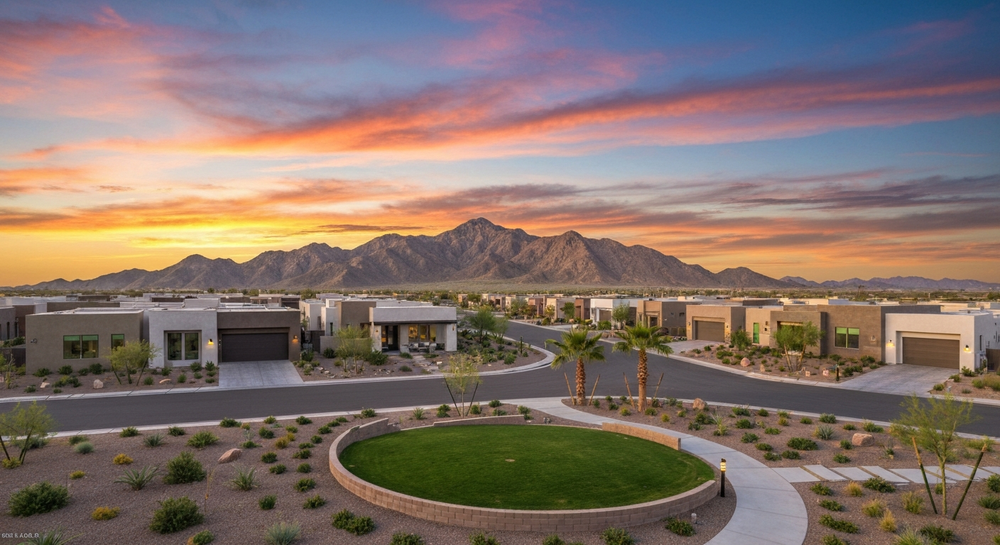 Modern homes in Queen Creek with San Tan Mountains at sunset, showcasing community amenities and scenic views.