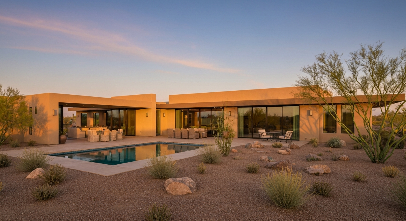 Modern luxury home with pool and desert landscaping in Scottsdale, Arizona, highlighting upscale living and serene outdoor space.