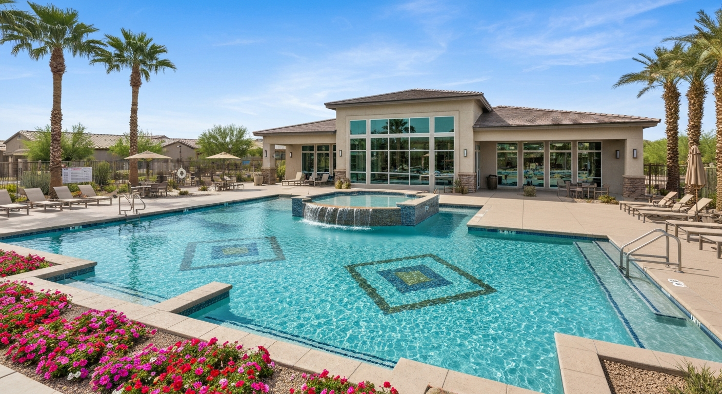 Luxury community pool at Sterling Grove in Surprise, Arizona, featuring a spa, vibrant landscaping, and resort-style amenities.