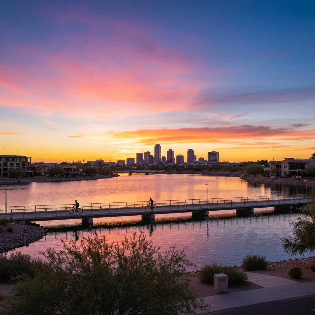 Sunset over Tempe Town Lake with cyclists on a bridge and downtown Tempe skyline in the background, showcasing vibrant outdoor living.