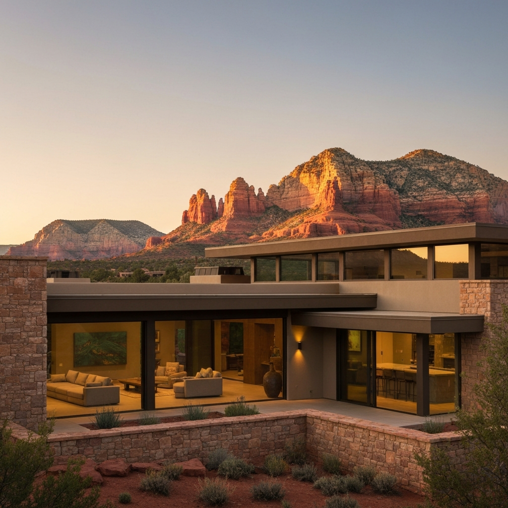 Modern luxury home in Sedona, showcasing stunning red rock views and stylish interior design, perfect for upscale living.