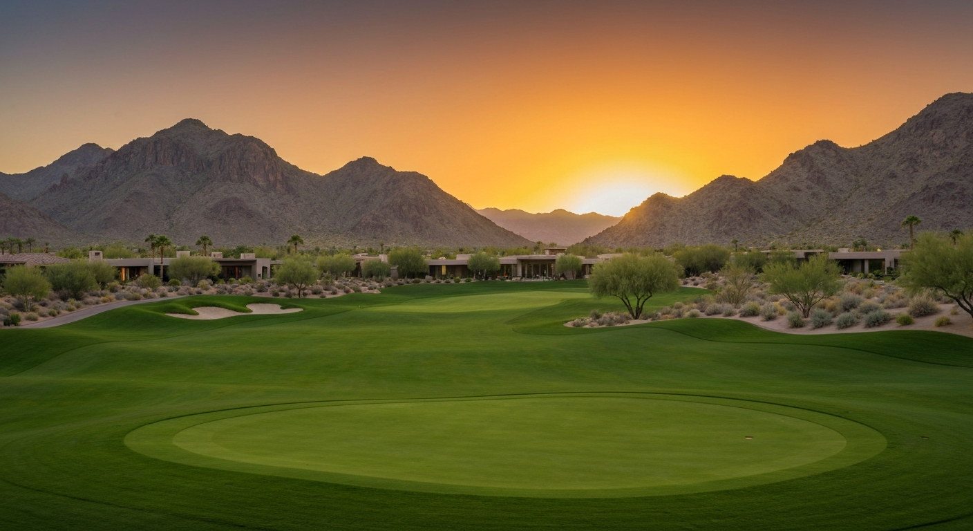 Luxury golf course at Camelback Mountain with stunning sunset views, highlighting Paradise Valley's upscale lifestyle.