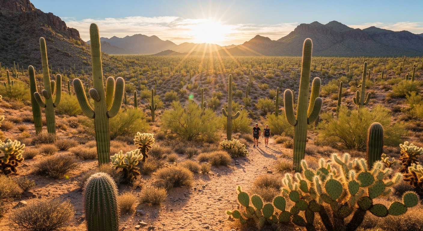 Sunset over the Buckeye desert landscape with hikers on a trail surrounded by saguaro cacti and mountains in the background.
