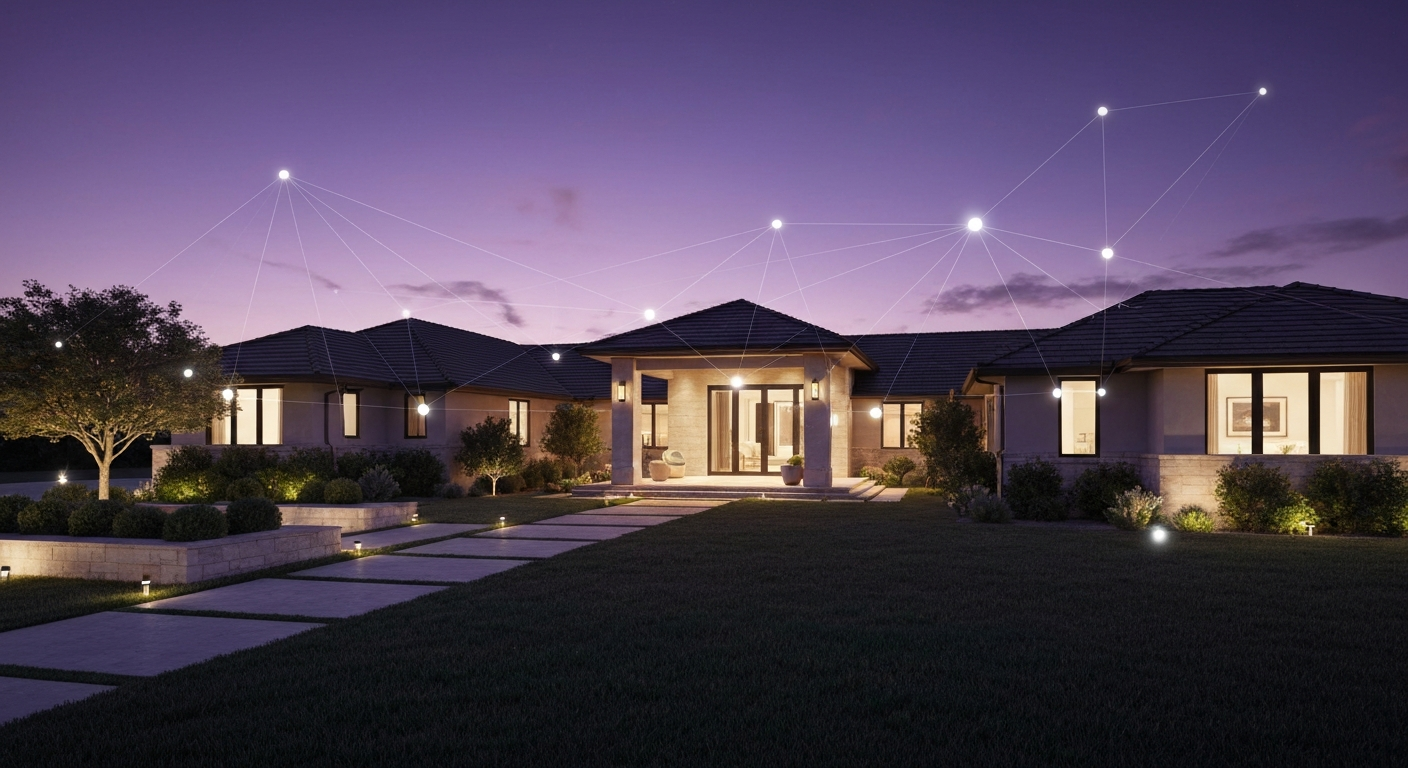 Modern home exterior at dusk with smart technology connections, showcasing innovative real estate solutions in Phoenix Metro.