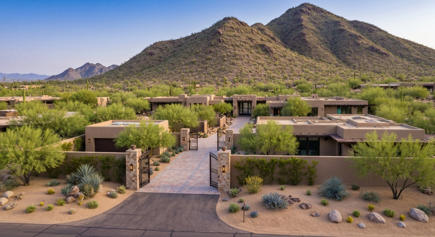 Luxury homes in Paradise Valley, surrounded by desert landscape and mountains, showcasing exclusive real estate opportunities.