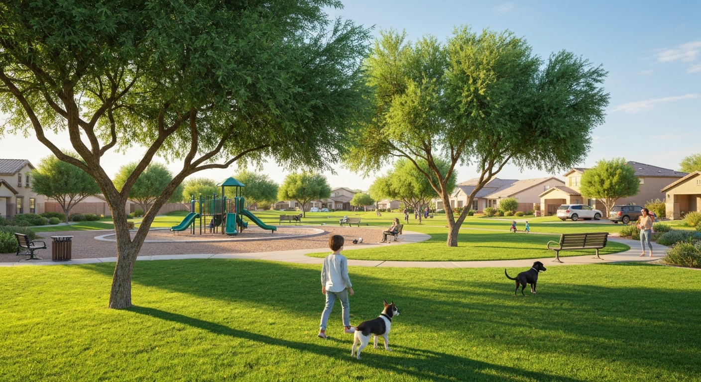 Family-friendly park in Peoria with playground, green lawns, and residents walking dogs, showcasing community lifestyle.
