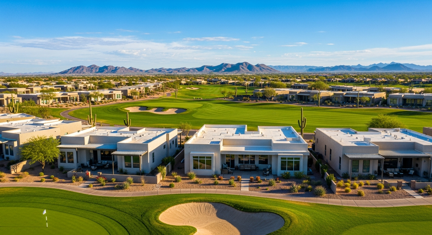 Sundance Adult Village homes overlooking the 18-hole golf course and White Tank Mountains in Buckeye, Arizona.