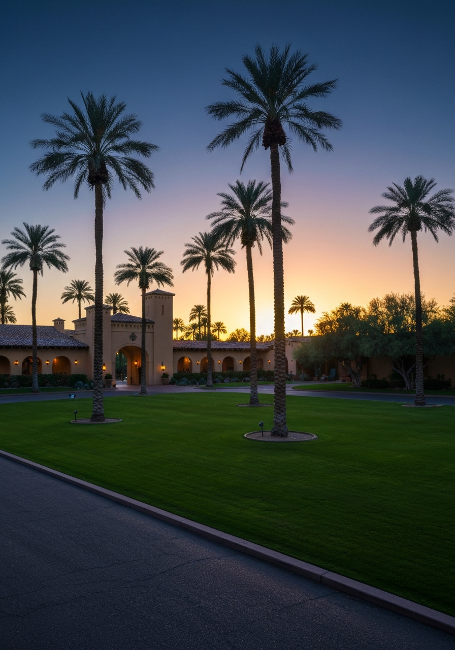 Wigwam Resort at sunset with palm trees and manicured lawns, highlighting Litchfield Park's resort-style living.