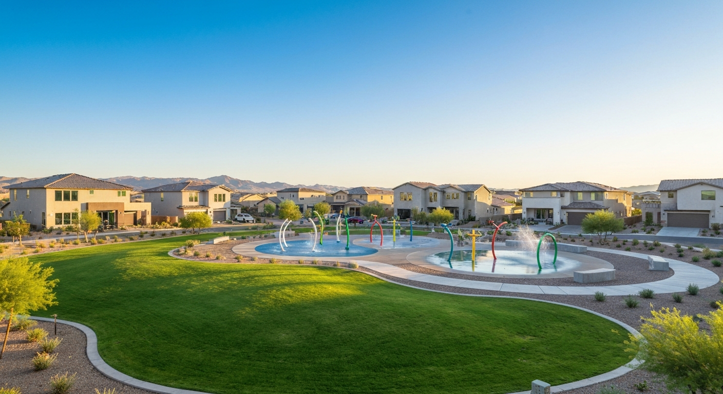 Family-friendly neighborhood park in Litchfield Park featuring splash pad, green lawns, and scenic mountain views.