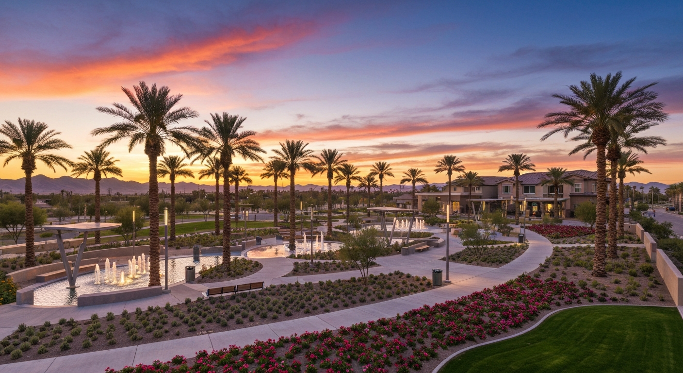 Sunset view of palm-lined park in Surprise, Arizona, showcasing vibrant landscaping and modern amenities.