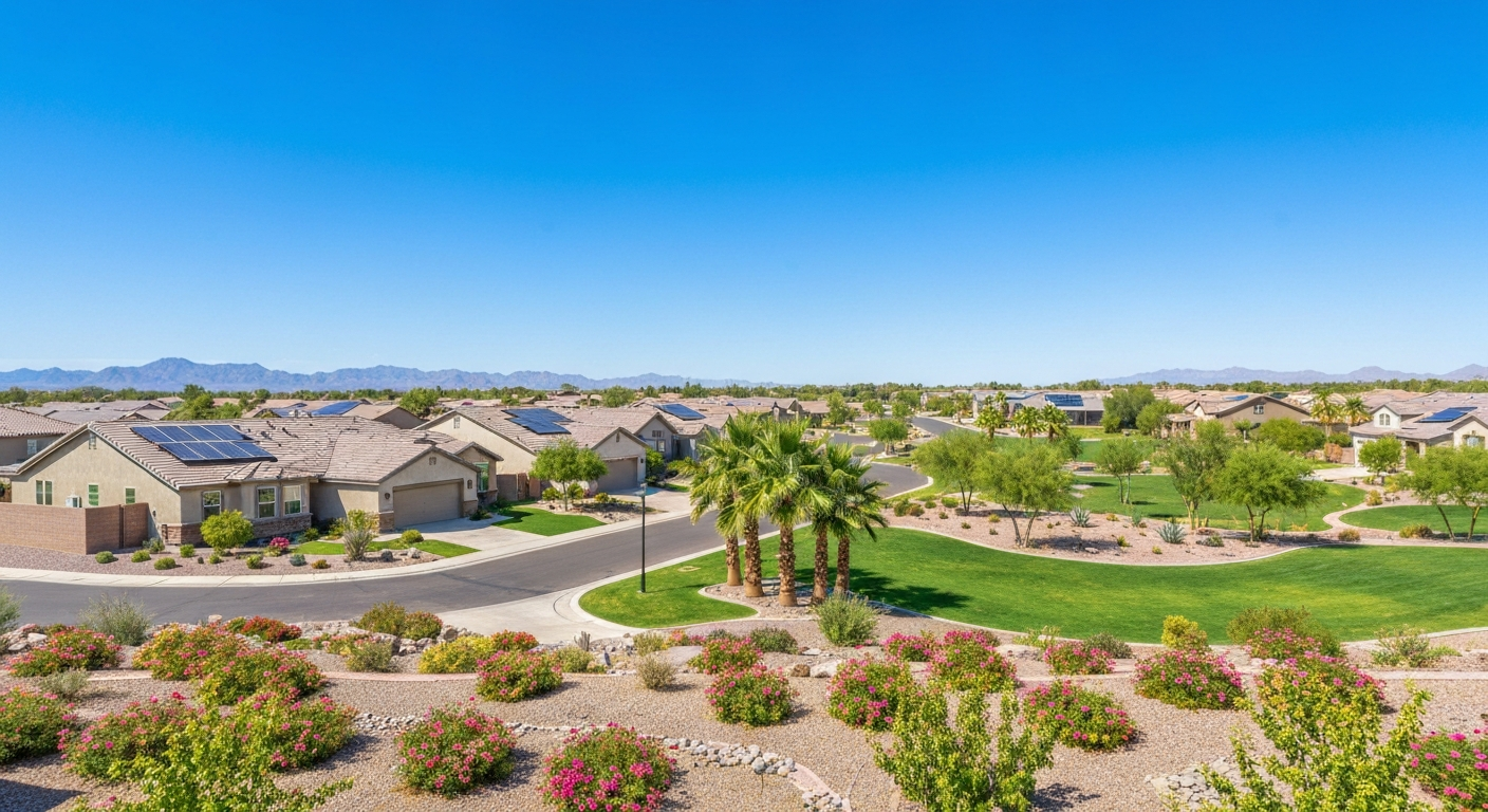 Vibrant Paloma Creek neighborhood in Surprise, Arizona, showcasing modern homes, lush parks, and scenic mountain views.