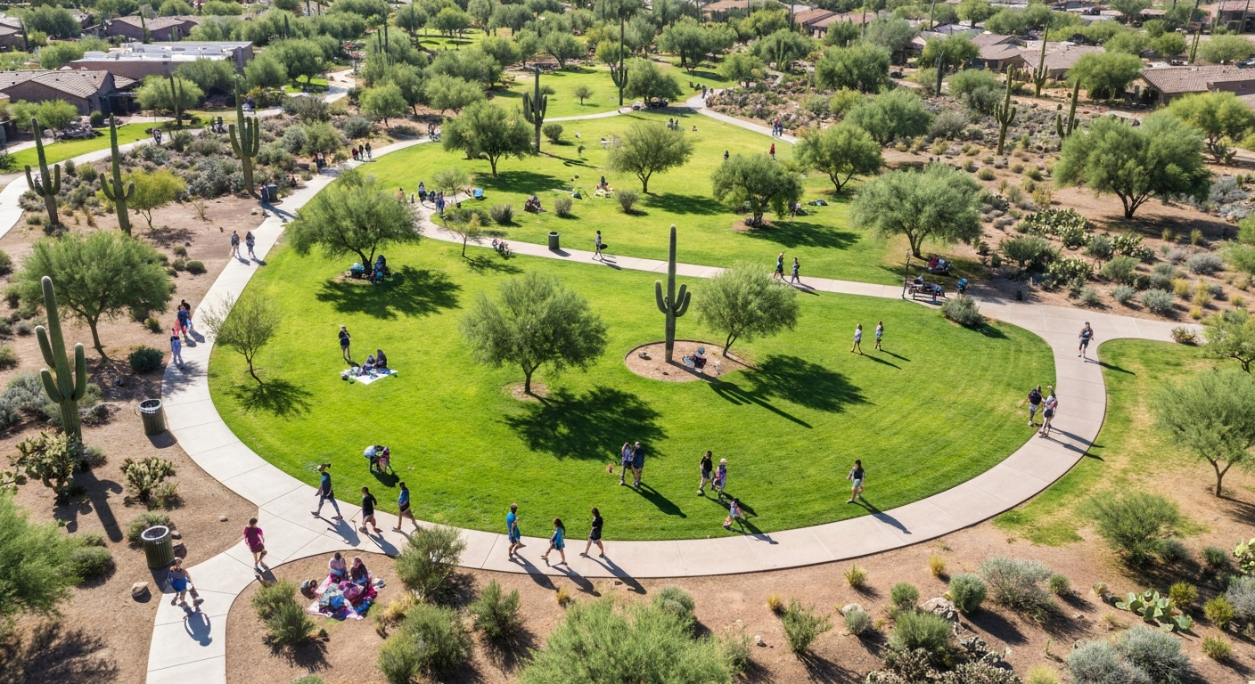 Canyon Views community park in Goodyear, Arizona, featuring walking paths, families enjoying the outdoors, and desert landscaping.