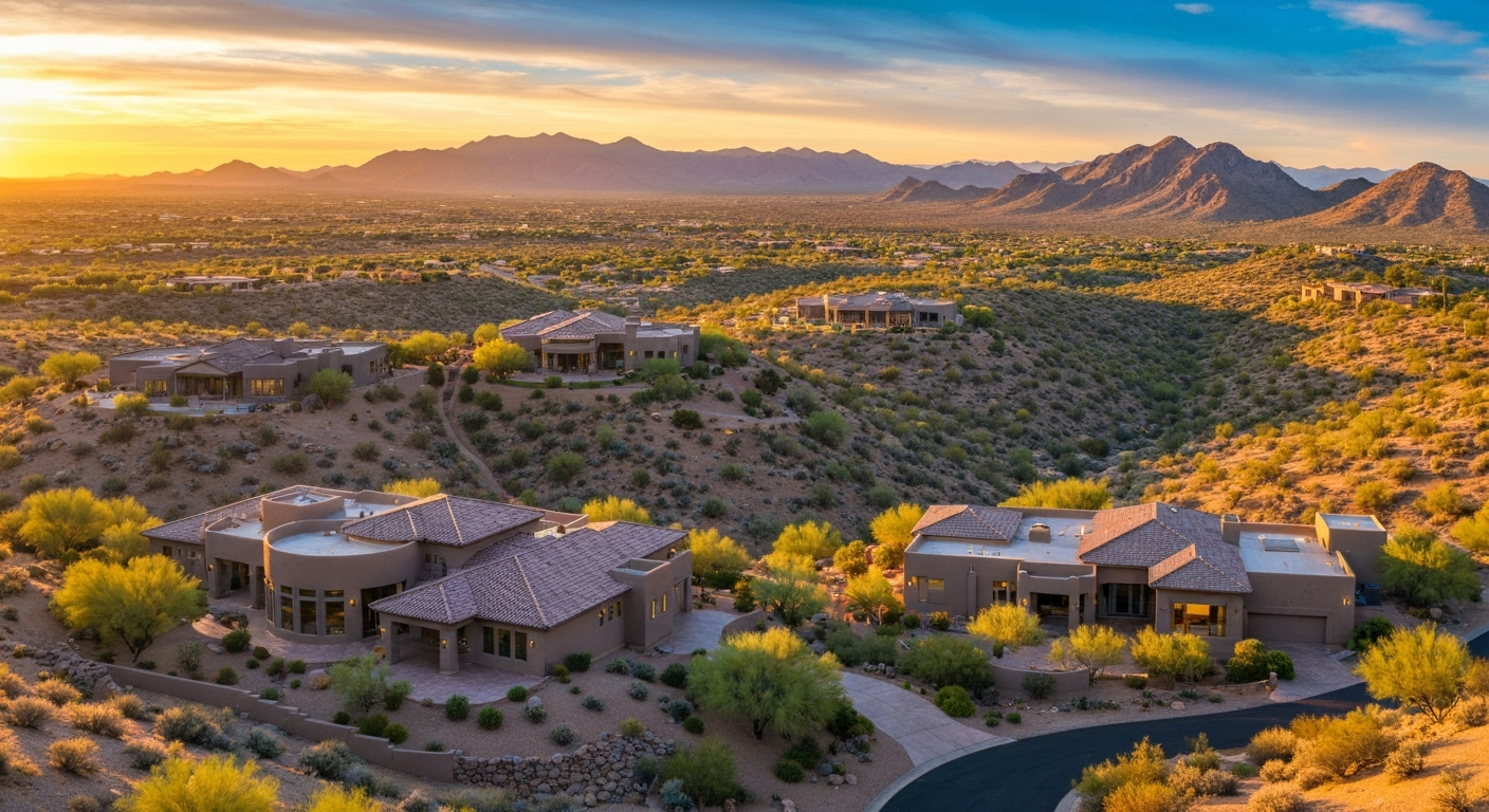Luxury hillside homes with mountain views in Mesa, Arizona, showcasing modern living amidst desert landscapes.