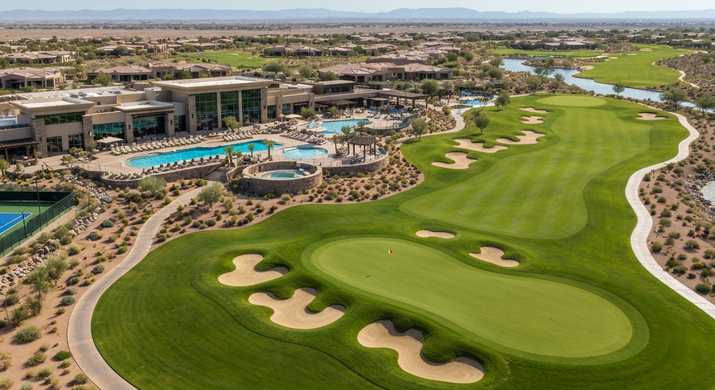 Aerial view of Encanterra's luxury golf community featuring a pool, tennis courts, and scenic landscaping in Queen Creek, AZ.
