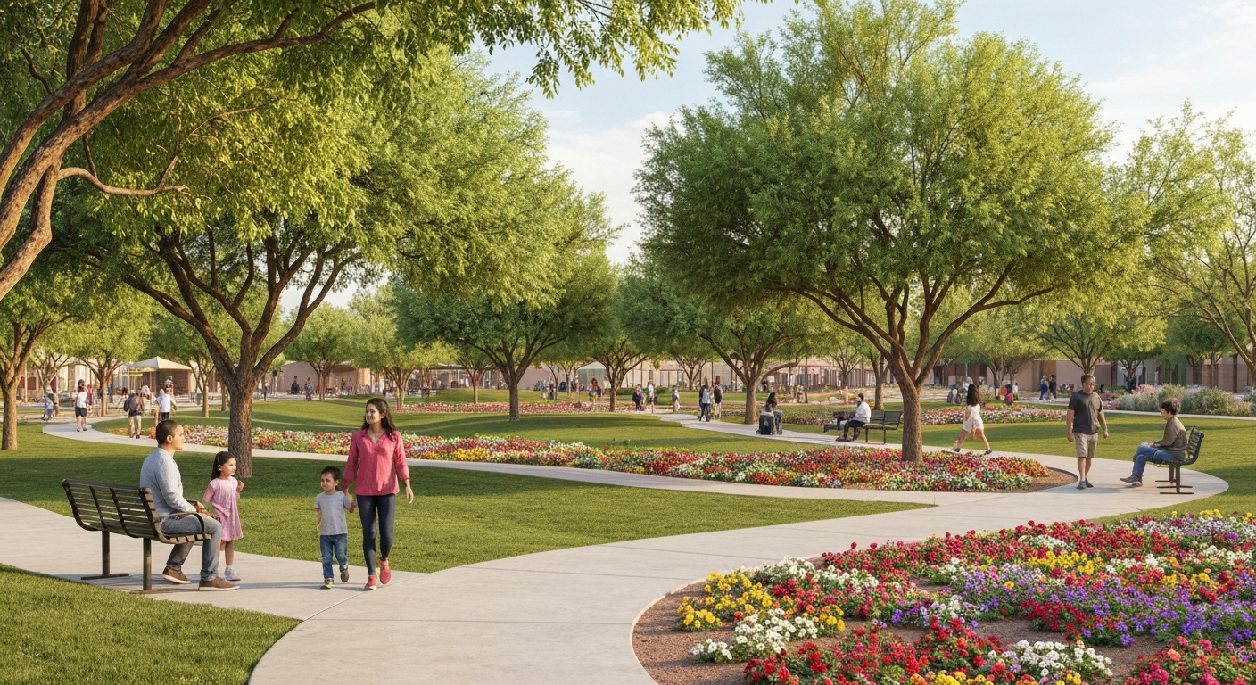 Family-friendly park in Tolleson with walking paths, colorful flower beds, and families enjoying outdoor activities.