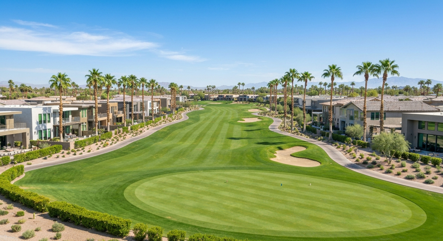 Luxury homes lining a golf course in a 55+ community, showcasing active adult living in the Phoenix Metro area.