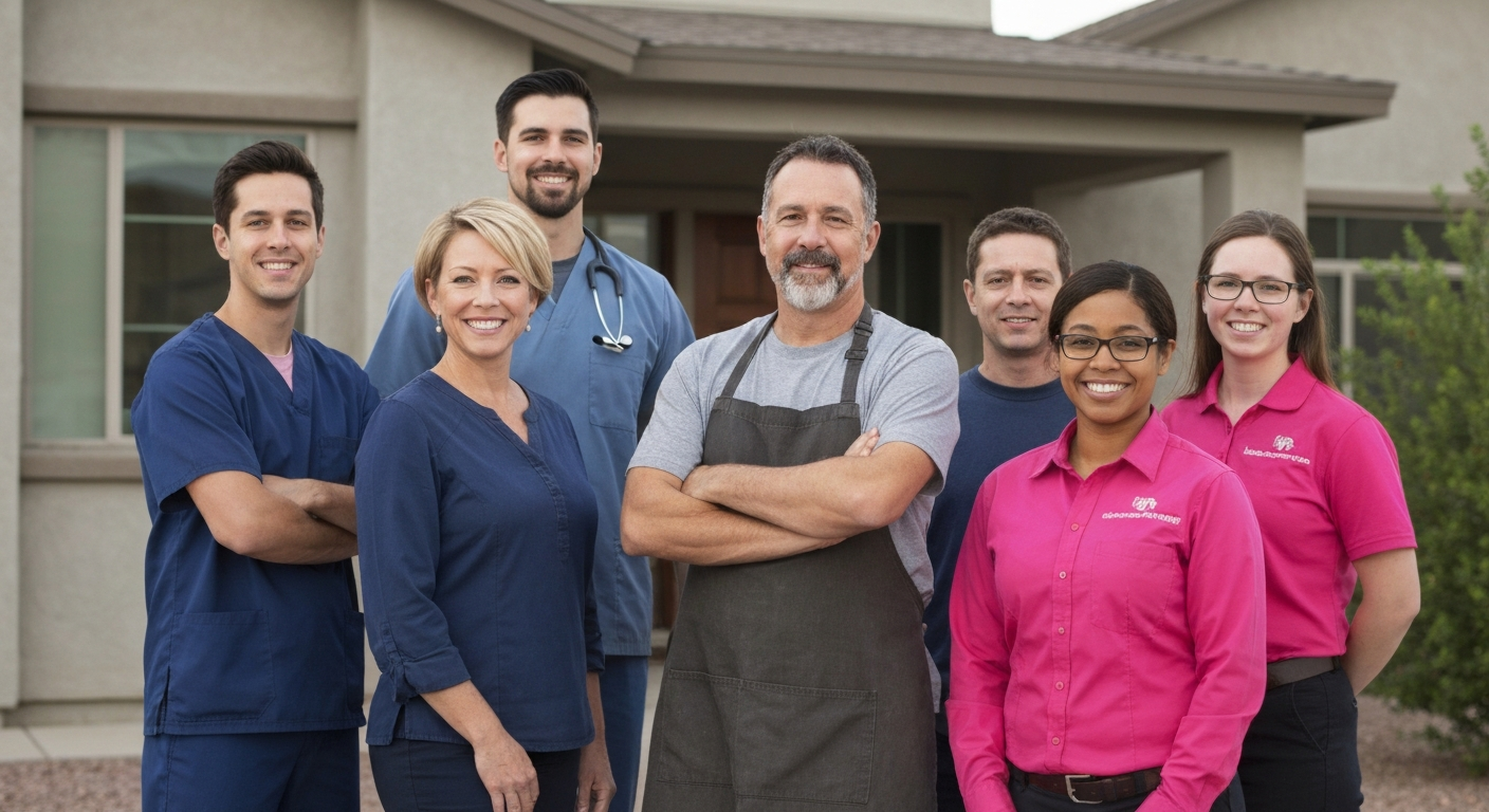 Group of educators and staff smiling outside a home, promoting Arizona's Rewarding Heroes real estate savings program.