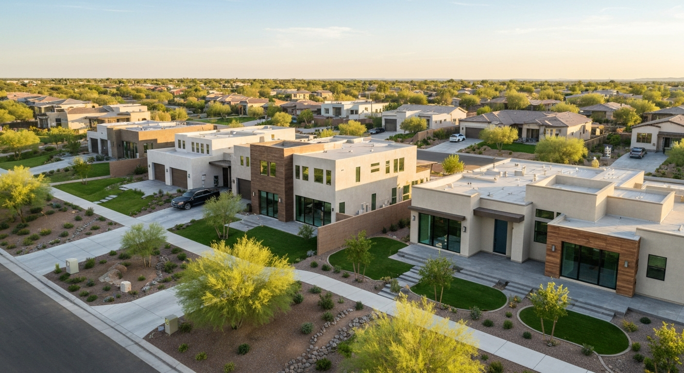 Modern homes in Queen Creek featuring spacious designs and lush landscaping, showcasing upscale living near the San Tan Mountains.
